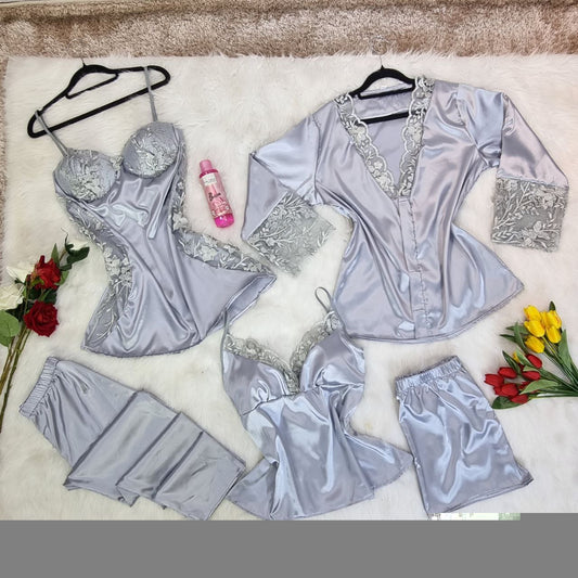 بيجامة نسائية جذابة من 5 قطع بالدانتيل و الساتان الناعم- Pyjamas 5pcs en dentelle et satin doux